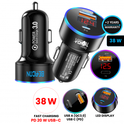 FAST-CHARGING USB-A + USB-C (TYPE-C) ADAPTER WITH LED DISPLAY