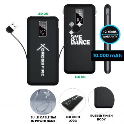RUBBER-COATED POWER BANK WITH ALL-IN-ONE BUILT-IN CABLES, 10000 MAH