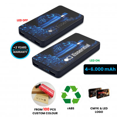 DUAL POWER BANK WITH CMYK + LED LOGO, 4000 / 5000 / 6000 MAH, RABS (RECYCLED ABS PLASTIC)