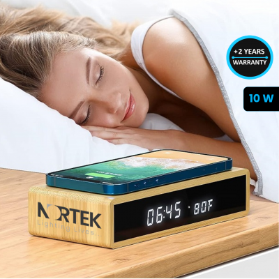 BAMBOO WIRELESS CHARGER WITH CLOCK, ALARM, AND THERMOMETER