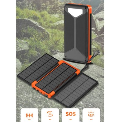 FOLDABLE SOLAR POWER BANK WITH 3 PANELS, LED TORCH AND WIRELESS CHARGING, 20000 MAH