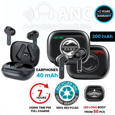 WIRELESS TWS EARPHONES WITH LED LOGO AND WITH TOUCH CONTROL, RABS (RECYCLED ABS PLASTIC)