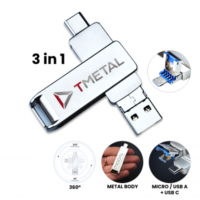 3 in 1 rotating USB flash drive, USB A + USB Micro + Type-C, 3.0 256GB, silver colour (UDM12330)