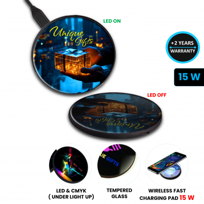 WIRELESS 15 W FAST-CHARGING PAD WITH CMYK + LED LOGO UNDER TEMPERED GLASS