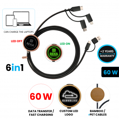 DATA AND PD 60W FAST-CHARGING USB CABLE 6-IN-1
WITH LED LOGO, BAMBOO + RECYCLED PLASTIC