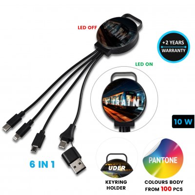 6-in-1 round USB charging cable, with CMYK + LED logo