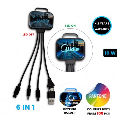 6-in-1 USB charging cable, with CMYK + LED logo