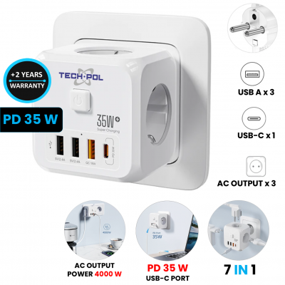 PD 35W MULTI-SOCKET CUBE WITH SWITCH, 7 OUTPUTS