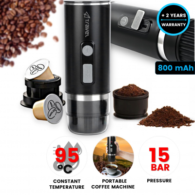 Portable mini coffee machine for capsules and ground coffee