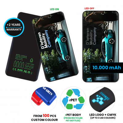 DUAL POWER BANK MADE OF RECYCLED PET PLASTIC, WITH LED LOGO, 10,000 MAH