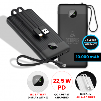 POWER BANK WITH BUILT-IN CABLES, 10000 mAh