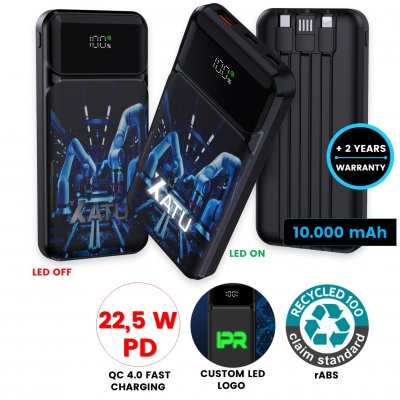 Power bank with built-in cables and LED display, PD 22.5 W, 10000 mAh