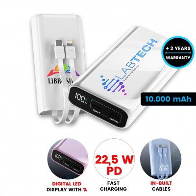 10000 mAh - QC 22.5 W power bank with integrated cables