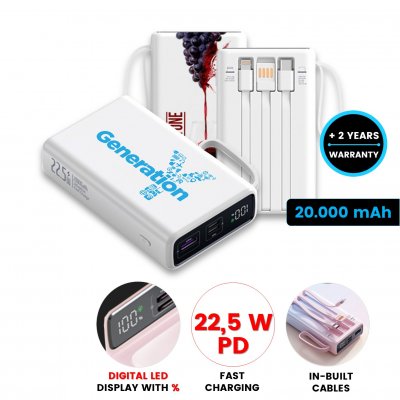 20000 mAh - QC 22.5W power bank with integrated cables