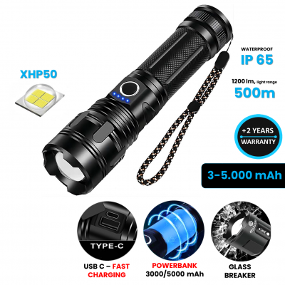 SUPER-POWERFUL LED TORCH WITH POWER BANK, 3000 / 5000 MAH