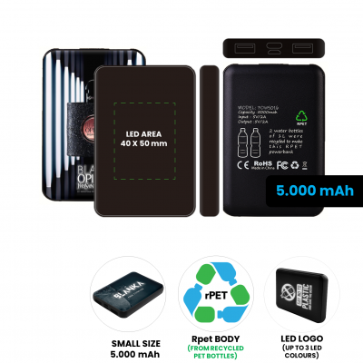 Dual power bank made of recycled PET plastic, with LED logo, 5000mAh, black colour (PBA5016)