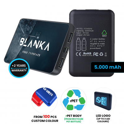 DUAL POWER BANK MADE OF RECYCLED PET PLASTIC, WITH LED LOGO, 5,000 MAH