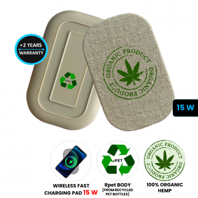 15W WIRELESS CHARGING PAD MADE OF RPET (RECYCLED PET PLASTIC) AND HEMP