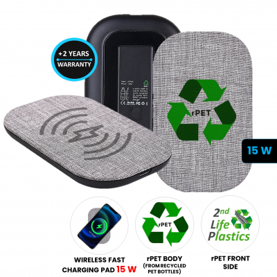 15W WIRELESS CHARGING PAD MADE OF RECYCLED PET PLASTIC