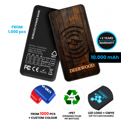 DUAL POWER BANK MADE OF RPET (RECYCLED PET), WITH WIRELESS CHARGING AND LED LOGO, 8000 MAH