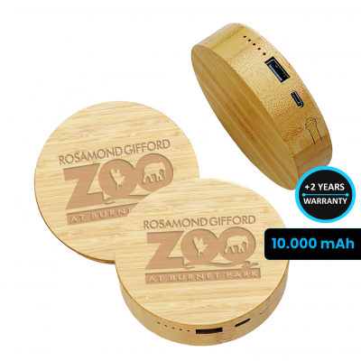 ROUND BAMBOO (FSC) POWER BANK WITH WIRELESS CHARGING, 10000 MAH