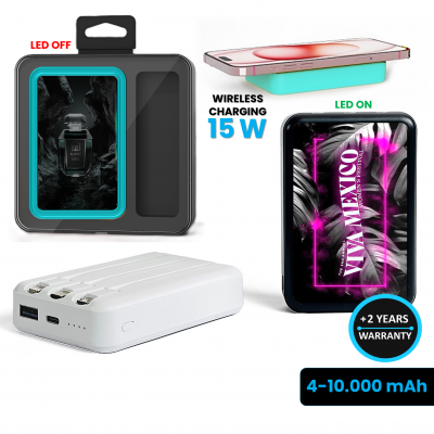 15W WIRELESS POWER BANK WITH BUILT-IN CABLES, 8000 - 10000 MAH, CUSTOM COLOURS, LED LOGO + CMYK