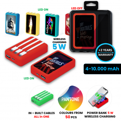 WIRELESS POWER BANK WITH BUILT-IN CABLES, 4000 - 10000 MAH, CUSTOM COLOURS, LED LOGO + CMYK