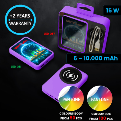 15 W WIRELESS POWER BANK, 6000-10000 MAH, IN CUSTOM COLOURS, LED LOGO + CMYK PRINT