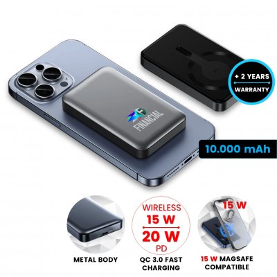 10000 mAh - Metal magnetic power bank with 15 W wireless charging and PD 20 W