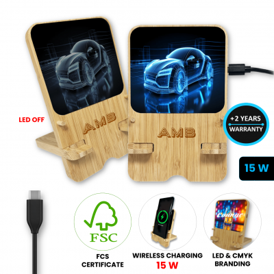 FOLDABLE BAMBOO PHONE STAND WITH WIRELESS FAST CHARGING 15 W AND LED LOGO, FSC CERTIFIED