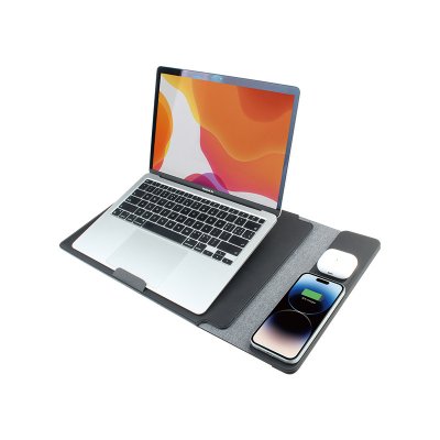 Laptop case and pad with 15 W wireless charging and wireless earphones charging