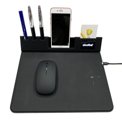 Mouse pad with 15 W wireless charging, phone and pencil holder, LED logo