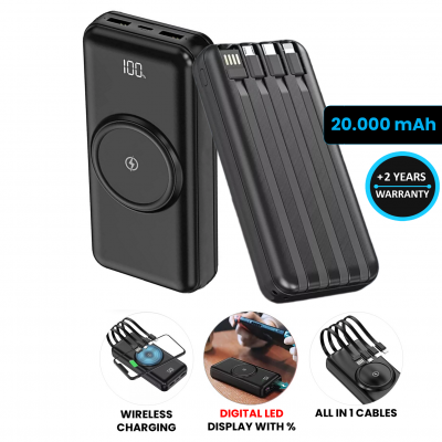 High-capacity power bank with built-in cables,wireless charging,and LED display,20000mAh,black colour (PBQ20048)