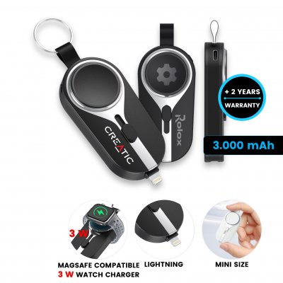 Mini power bank with wireless watch charging, Lightning connector, keychain