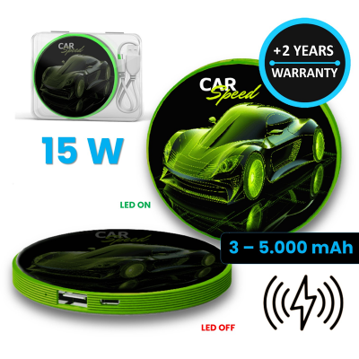 ROUND POWER BANK WITH 15 W WIRELESS CHARGING, 3000-5000 MAH