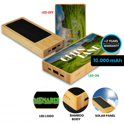 SOLAR BAMBOO POWER BANK WITH LED LOGO, FSC CERTIFIED, 10000 MAH