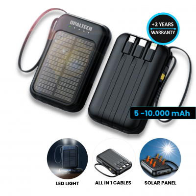 Solar power bank with built-in cables, 5000 / 10000 mAh