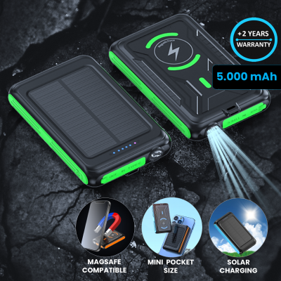 MAGNETIC WIRELESS POWER BANK WITH SOLAR CHARGING AND LED TORCH, 5000 MAH