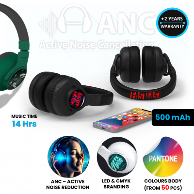 BLUETOOTH HEADPHONES WITH ANC (ACTIVE NOISE CANCELLING), CMYK AND LED LOGO