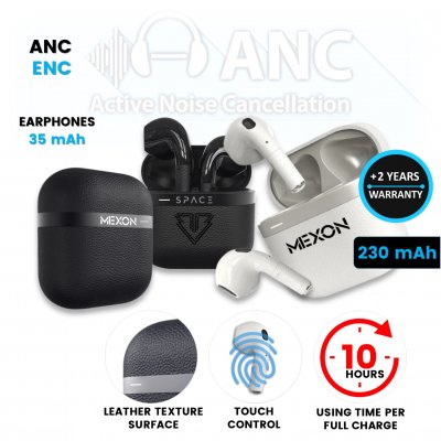 Touch-operated wireless TWS earphones with ANC, leather pattern imitation