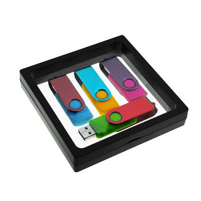Sample kit - Dummy samples USB flash drive Twister (4 pcs, various colours) in black foil frame 11 x 11 cm