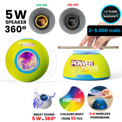 WIRELESS 5W SPEAKER WITH 15W WIRELESS FAST CHARGING, POWER BANK, LED + CMYK LOGO, CUSTOM COLOUR