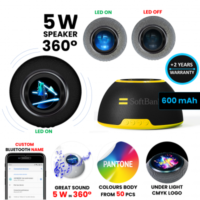 WIRELESS 5W SPEAKER WITH LED + CMYK LOGO, CUSTOM COLOUR