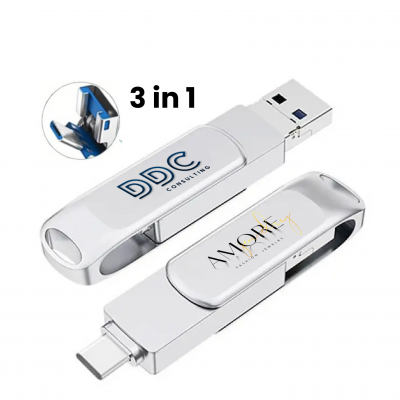 3 in 1 ROTATING FLASH DISK, USB-A + MICRO USB + USB-C (TYPE-C)