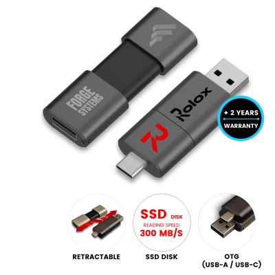 Metal retractable USB 2.0/3.0 flash drive with USB-C and USB-A connectors