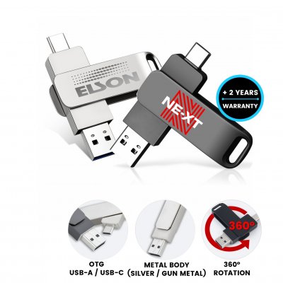 Metal rotating USB 2.0/3.0 flash drive with USB-C and USB-A connectors