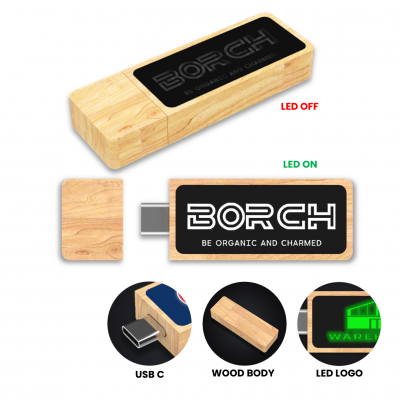 WOOD USB FLASH DRIVE WITH LED LOGO, USB-C