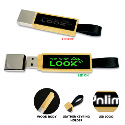 BAMBOO USB FLASH DRIVE WITH LEATHER LOOP AND LED LOGO