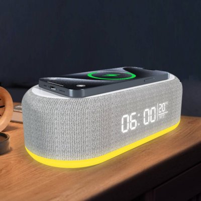 Bluetooth speaker with 15 W wireless charging, thermometer, clock, alarm clock and LED light effects