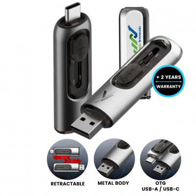 Metal retractable USB 2.0/3.0 flash drive with USB-C and USB-A connectors